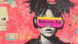 A classical baroque-style portrait of a 'Bedroom Pop' character wearing oversized headphones, enhanced by modern graffiti elements, bright yellow spray paint, and pink tagging marks. Floating musical notes add a surrealist touch to the composition.