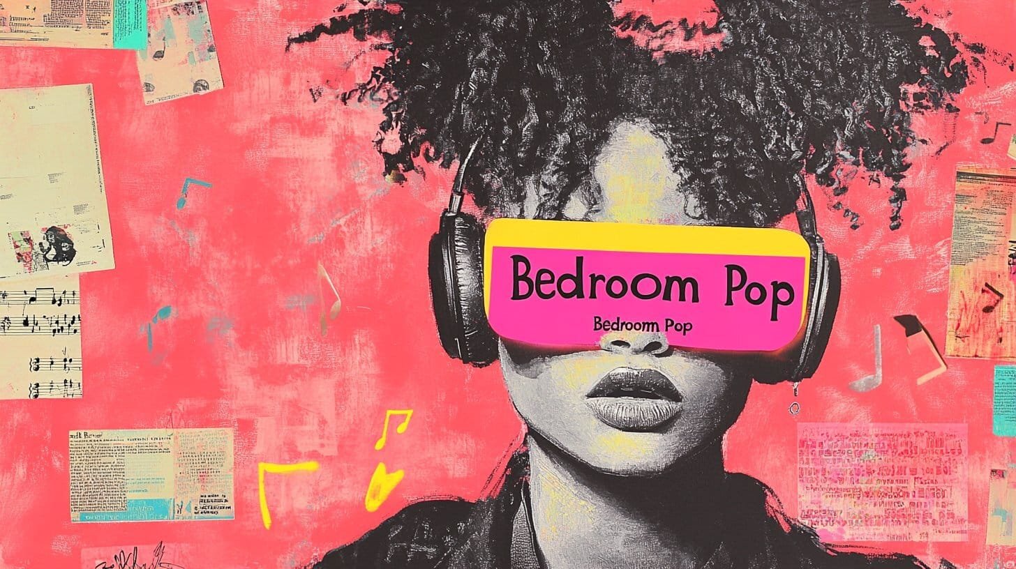 A classical baroque-style portrait of a 'Bedroom Pop' character wearing oversized headphones, enhanced by modern graffiti elements, bright yellow spray paint, and pink tagging marks. Floating musical notes add a surrealist touch to the composition.
