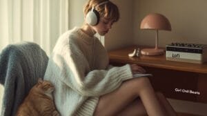 highly detailed, ultra-realistic photograph of a student listening to lofi beats while studying. A blue glow from the laptop screen reflects off their face, and gentle rain falls outside the window, creating a peaceful, focused ambiance.