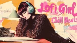 A classical baroque-style portrait of 'Lofi Girl' sitting at a wooden desk, immersed in writing with large headphones on. The warm glow of a vintage lamp casts a nostalgic light, while a cat sleeps beside her. Soft brush strokes and subtle graffiti text 'Chill Beats' add a modern twist.