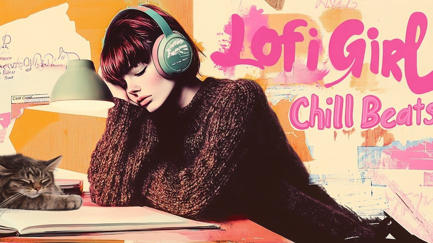 A classical baroque-style portrait of 'Lofi Girl' sitting at a wooden desk, immersed in writing with large headphones on. The warm glow of a vintage lamp casts a nostalgic light, while a cat sleeps beside her. Soft brush strokes and subtle graffiti text 'Chill Beats' add a modern twist.