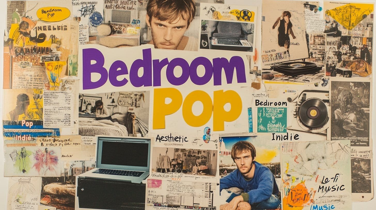 A classical baroque-style portrait of a 'Bedroom Pop' character wearing oversized headphones, enhanced by modern graffiti elements, bright yellow spray paint, and pink tagging marks. Floating musical notes add a surrealist touch to the composition.