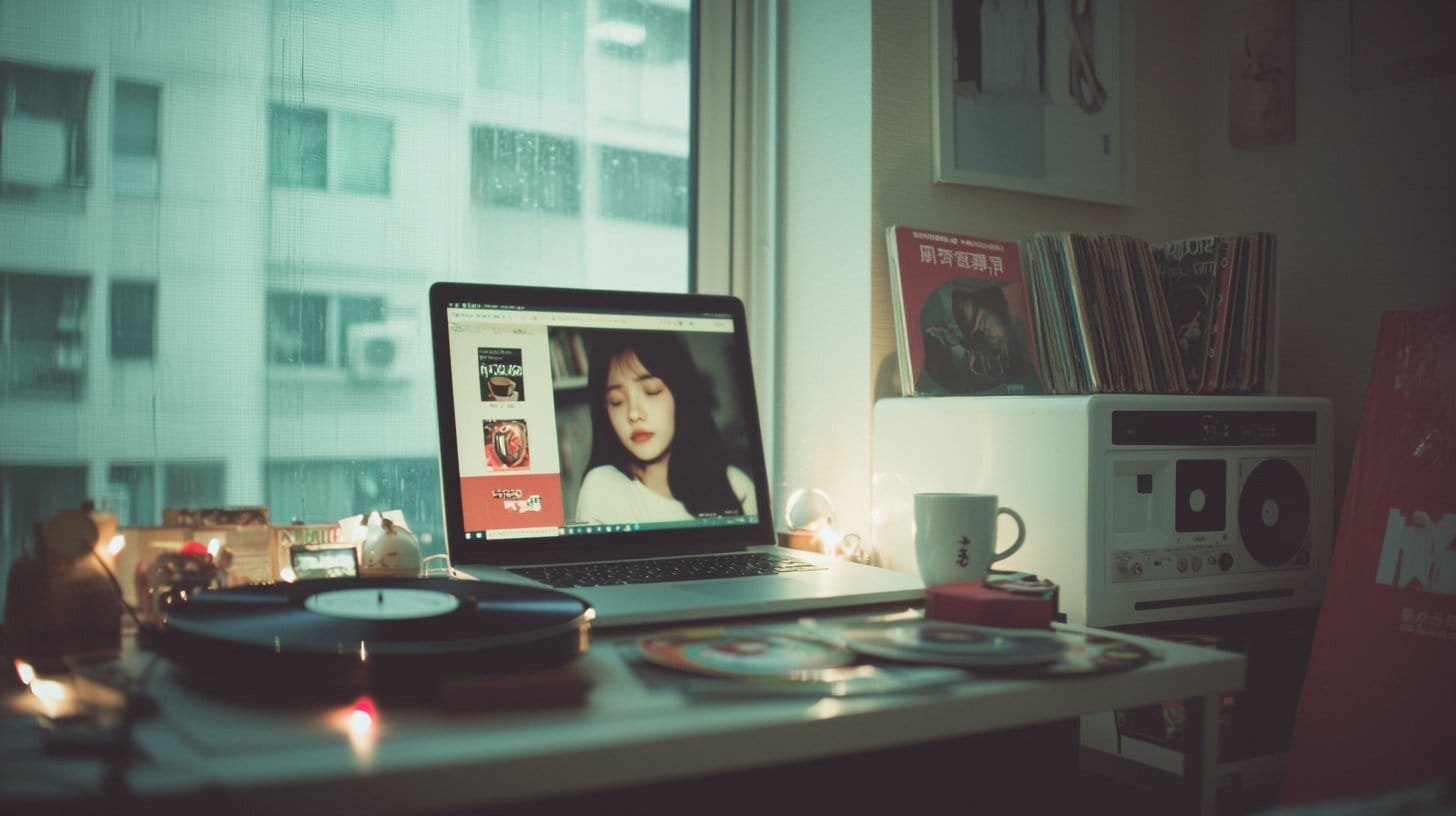 A highly detailed, ultra-realistic photograph of a cozy bedroom at night, featuring a laptop streaming Lofi Girl, a cup of coffee, and warm fairy lights. Vinyl records and a rain-soaked window enhance the nostalgic ambiance.