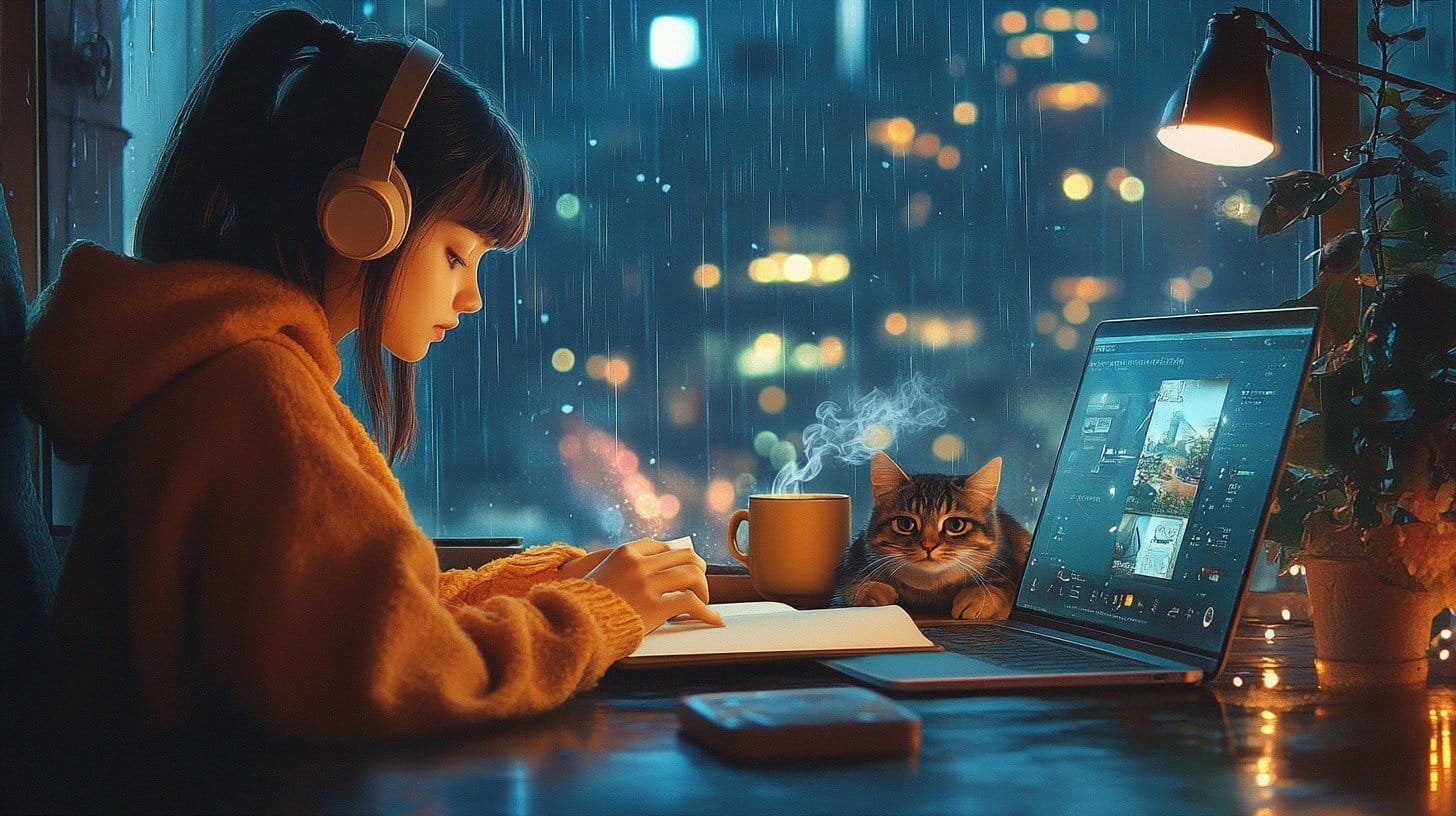 A highly detailed, ultra-realistic photograph of a cozy nighttime study setup featuring a girl wearing headphones, focused on writing in her notebook. Rain falls outside the window, reflecting city lights, while a cat rests beside a steaming cup of tea. A laptop screen playing lofi beats casts a soft glow in the dimly lit room.